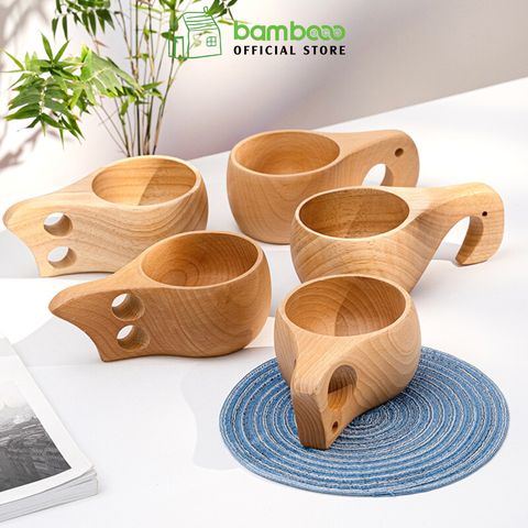 Cốc gỗ sồi BAMBOOO ECO cốc nguyên miếng có tay cầm, đã xử lý chống mốc, quà tặng tổ chức cá nhân