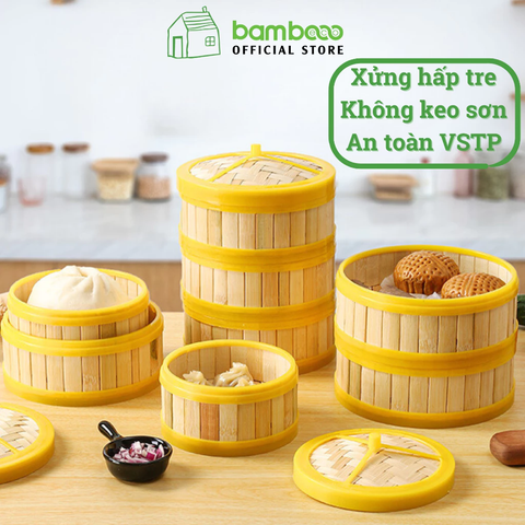 Xửng hấp tre đa năng BAMBOOO ECO lồng hấp bánh bao, dimsum có nắp, dùng trong nhà hàng, khách sạn