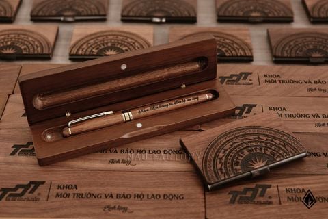 Set hộp Name Card, bút & hộp bút gỗ Walnut | Quà tặng doanh nghiệp sang trọng