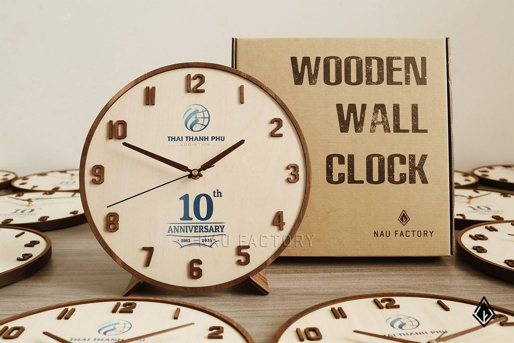 Đồng hồ gỗ dán nổi 12 số | In màu logo theo yêu cầu