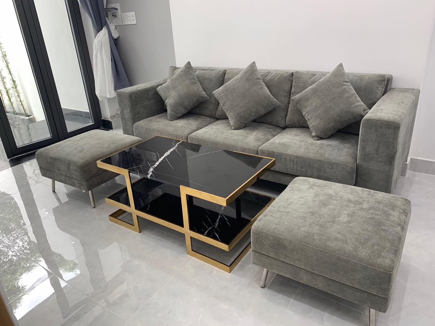  Bàn sofa chữ nhật 2 tầng đá đen 