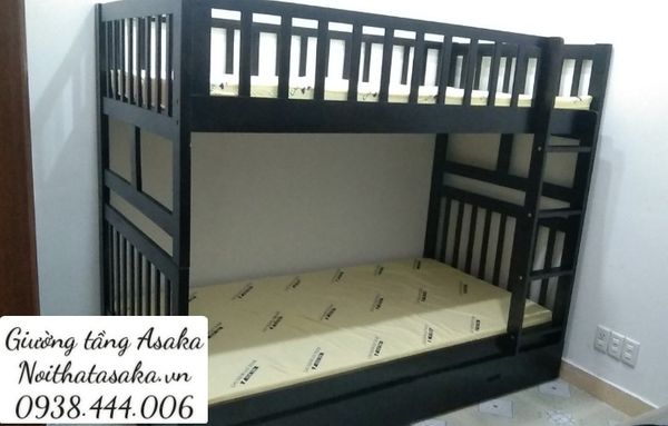  Giường 2 tầng gỗ xuất khẩu A015 size 1m4 có hộc màu nâu 