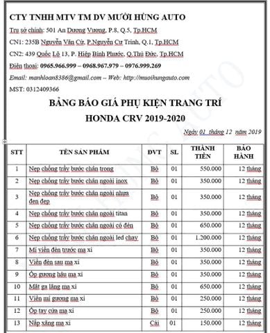 Bảng Báo Giá Phụ Kiện Trang Trí Xe Honda CRV 2019 - 2020