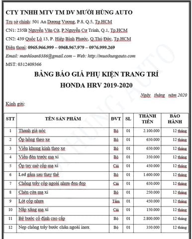 Bảng Giá Phụ Kiện Xe Honda HRV 2020
