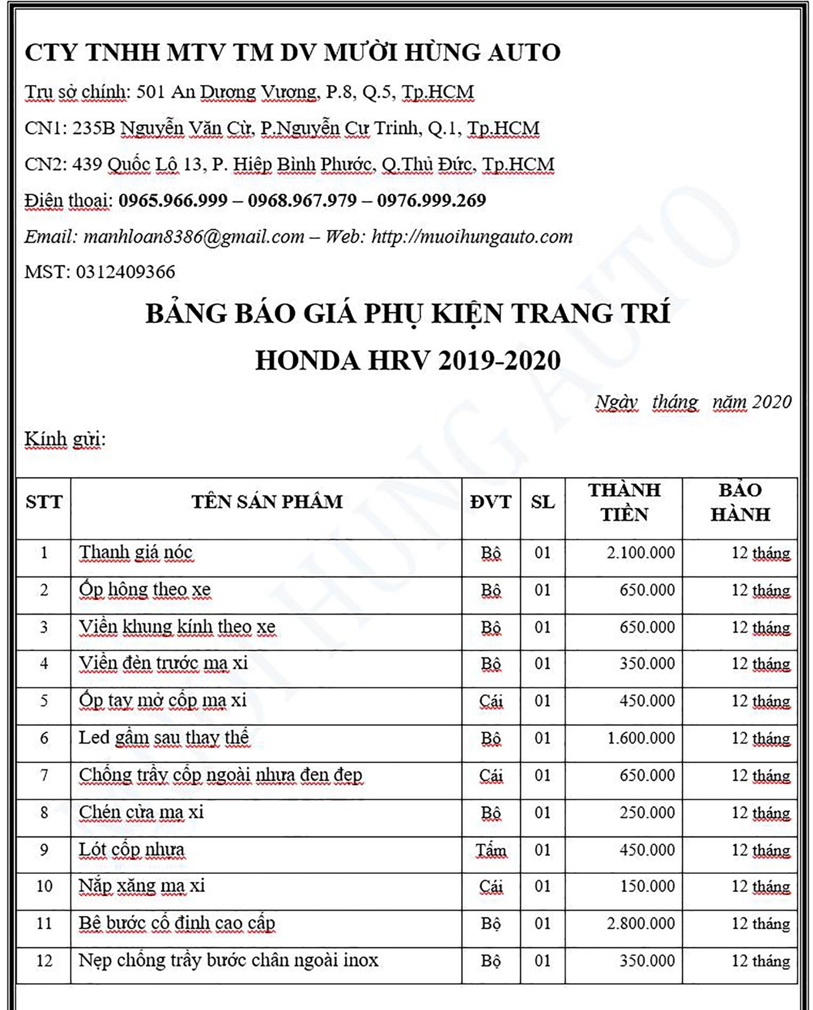 Bảng Gi 225 Phụ Kiện Xe Honda Hrv 2020 MƯỜi H 217 Ng Auto