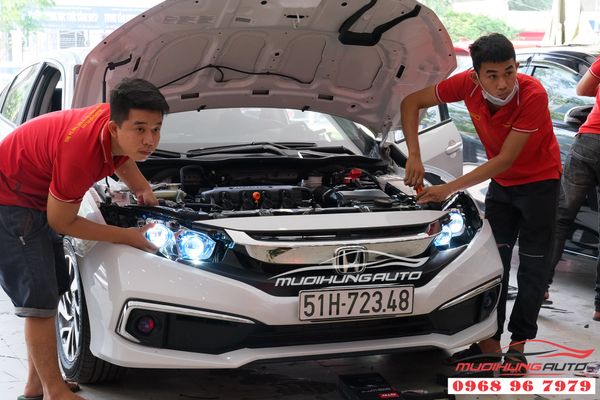 Độ Đèn Pha Xe Honda Civic Bản E 2019 - 2020 Bi LED Domax Và Bi Gầm GTR