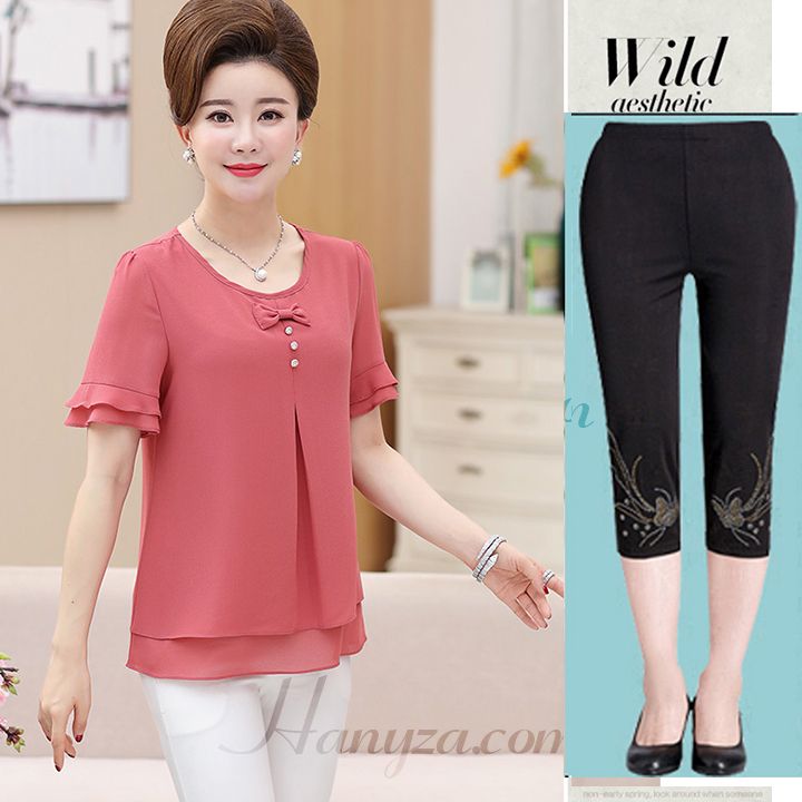 Bộ quần áo trung niên 2 tầng đính nơ