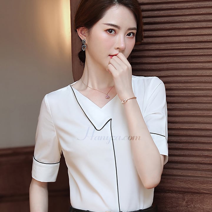 Áo sơ mi nữ ngắn tay cổ chữ V cách điệu