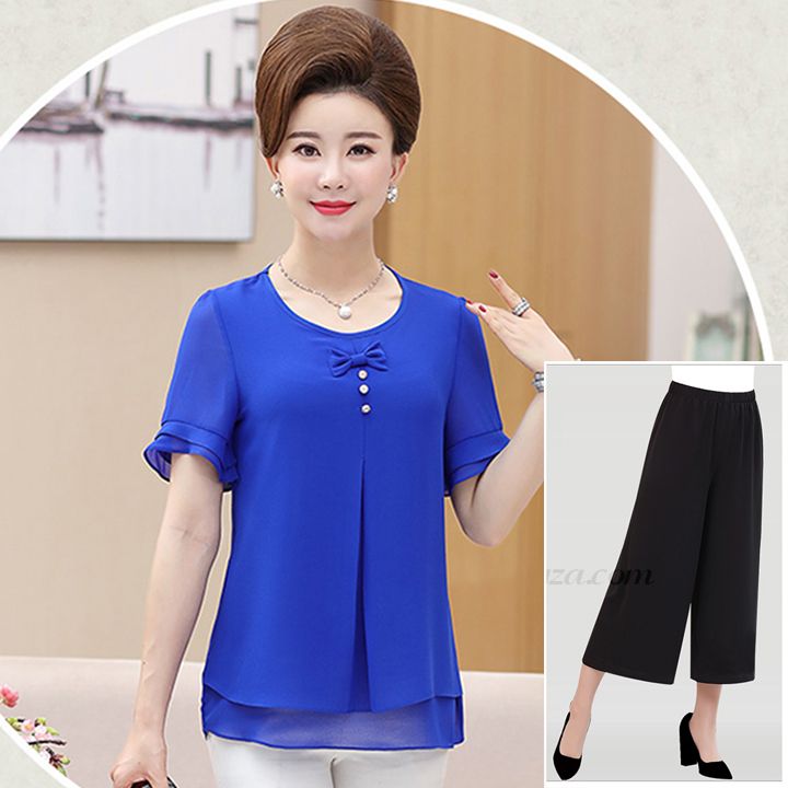 Bộ quần áo trung niên 2 tầng đính nơ