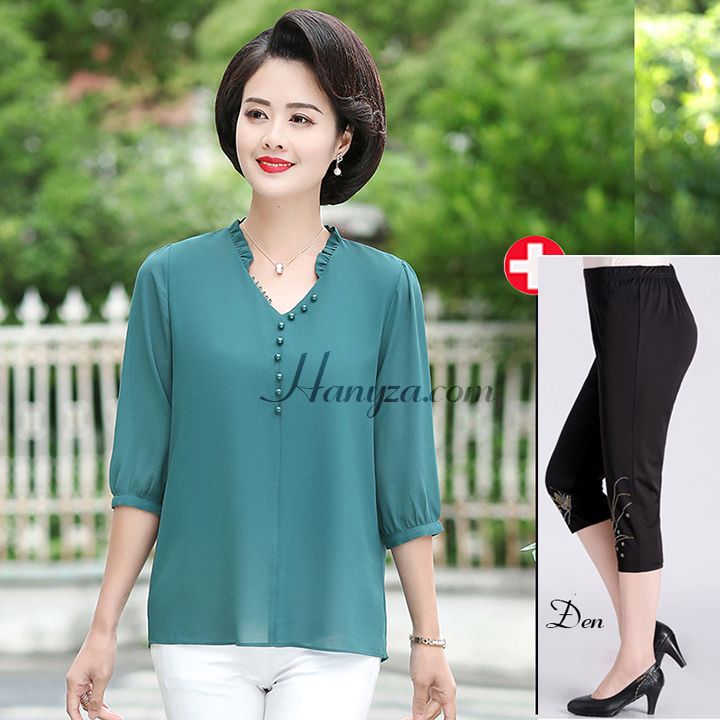 Bộ voan tay lỡ trung niên cổ chữ V