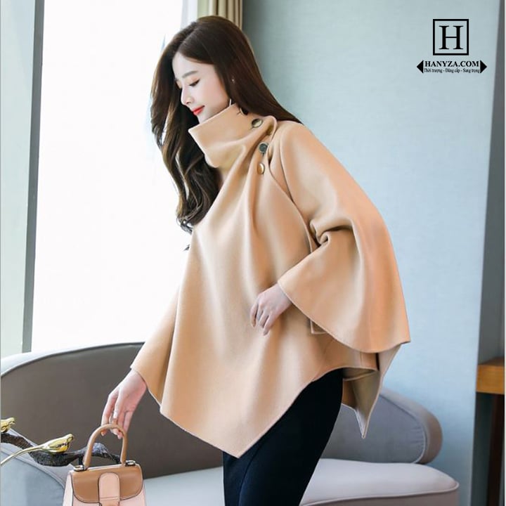 Áo choàng dạ nữ cao cổ mix tay cánh dơi