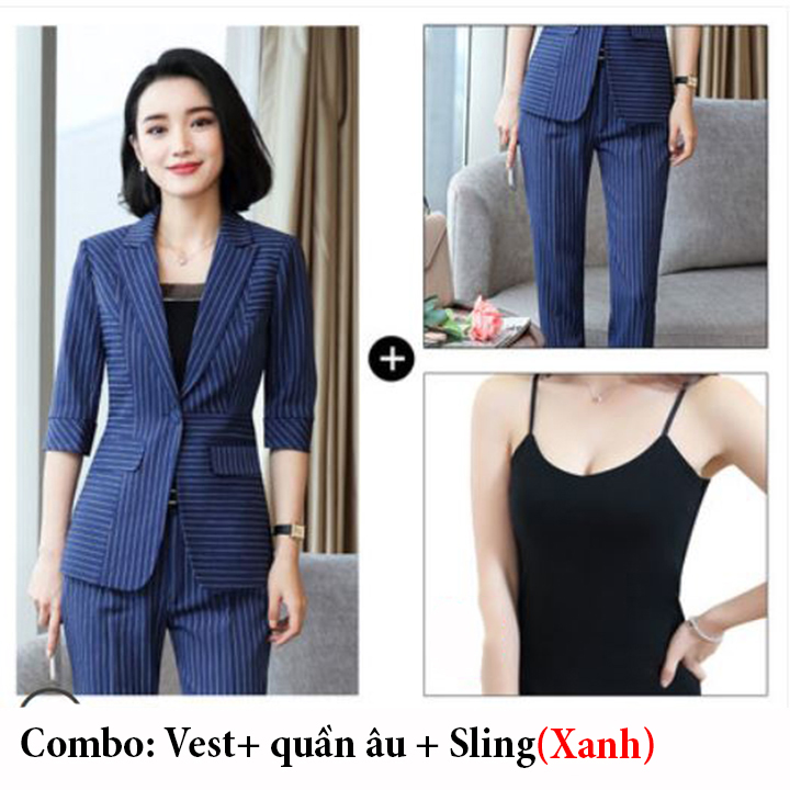 Bộ Vest nữ 4 món tay lỡ kẻ sọc