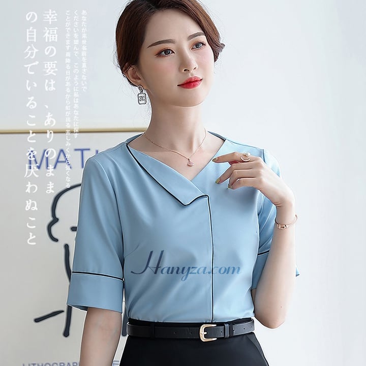 Áo sơ mi nữ ngắn tay cổ chữ V cách điệu