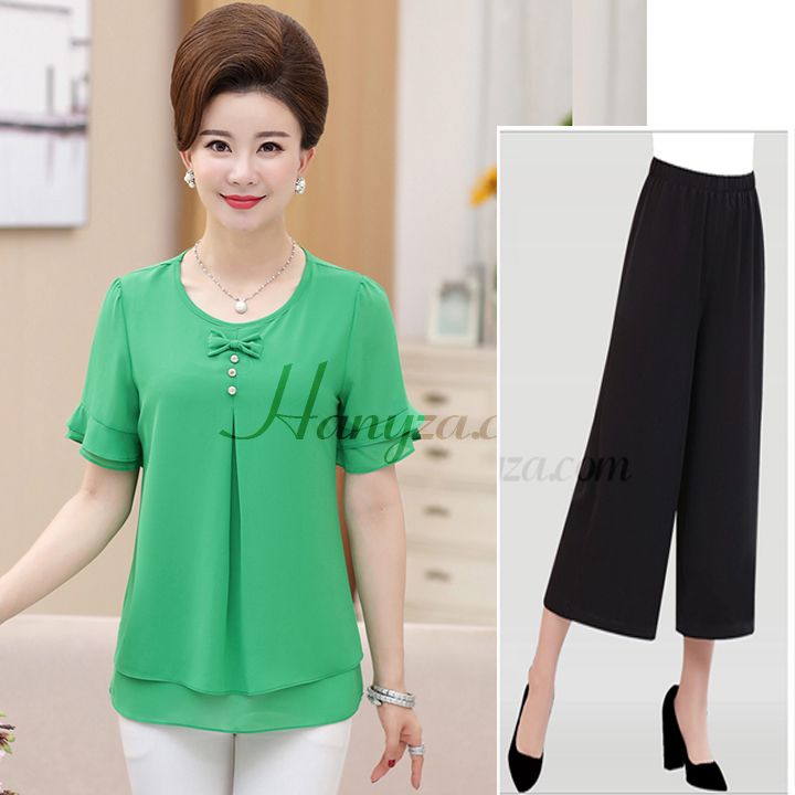 Bộ quần áo trung niên 2 tầng đính nơ