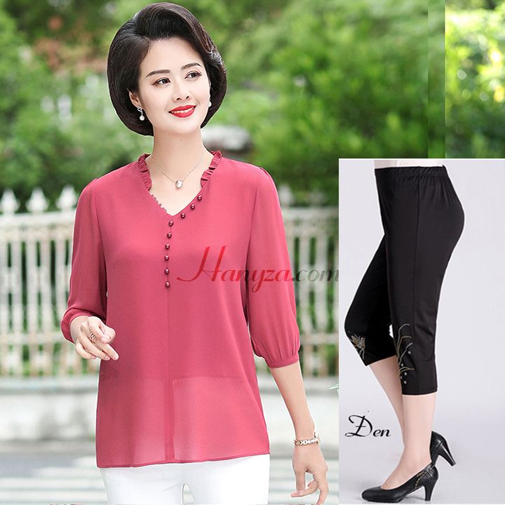 Bộ voan tay lỡ trung niên cổ chữ V