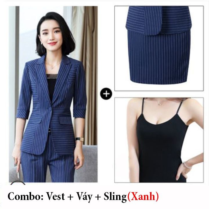 Bộ Vest nữ 4 món tay lỡ kẻ sọc