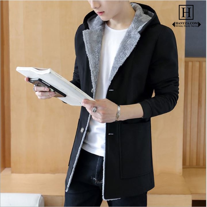 Áo khoác nam dáng dài lót nỉ cổ vest có mũ