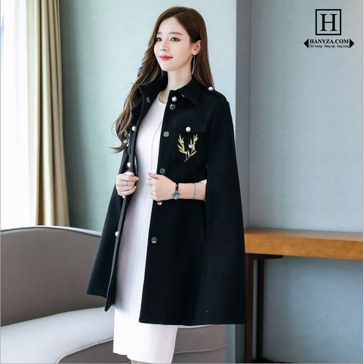Áo choàng dạ nữ dáng rộng dấu tay