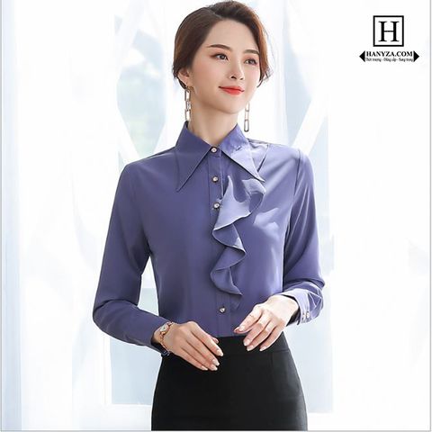 Áo sơ mi nữ Slim in cổ phối viền bèo