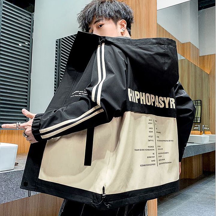 Áo khoác nam phối màu in chữ phong cách Nhật Bản