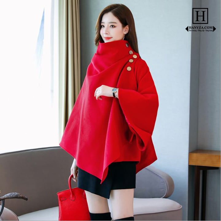 Áo choàng dạ nữ cao cổ mix tay cánh dơi