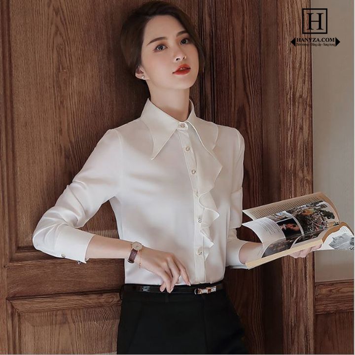 Áo sơ mi nữ Slim in cổ phối viền bèo