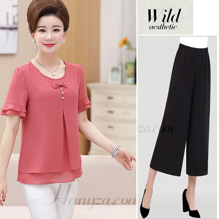 Bộ quần áo trung niên 2 tầng đính nơ