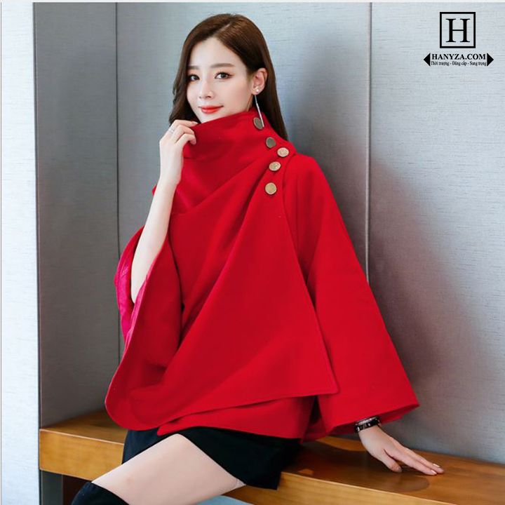 Áo choàng dạ nữ cao cổ mix tay cánh dơi