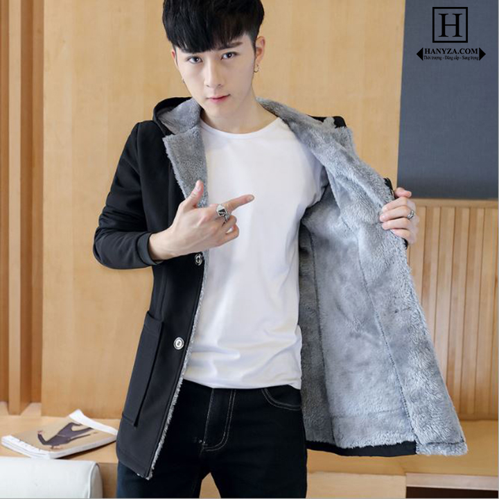 Áo khoác nam dáng dài lót nỉ cổ vest có mũ