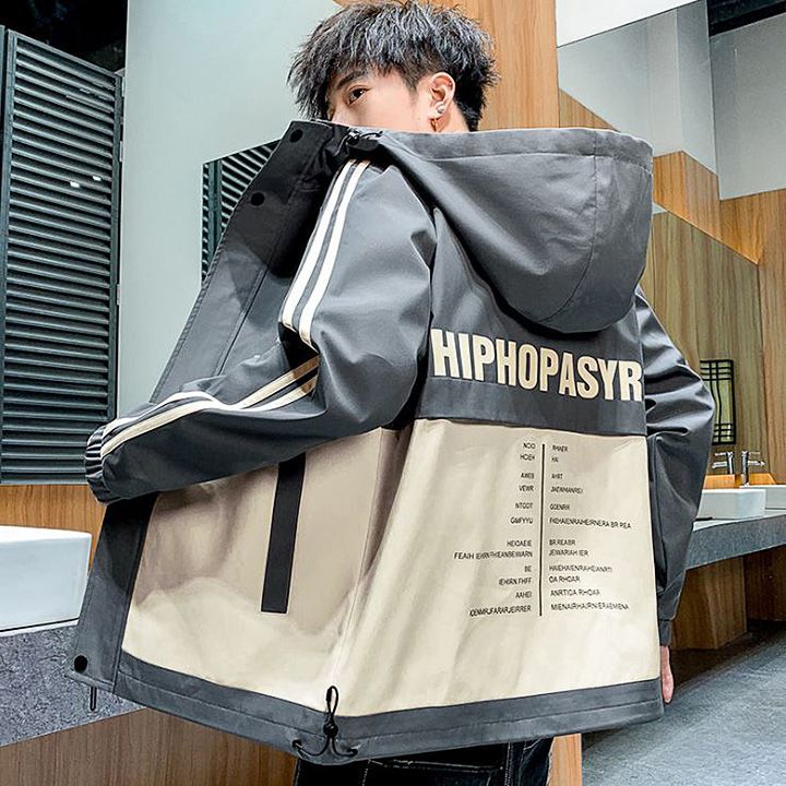 Áo khoác nam phối màu in chữ phong cách Nhật Bản