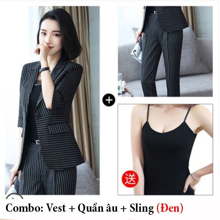 Bộ Vest nữ 4 món tay lỡ kẻ sọc