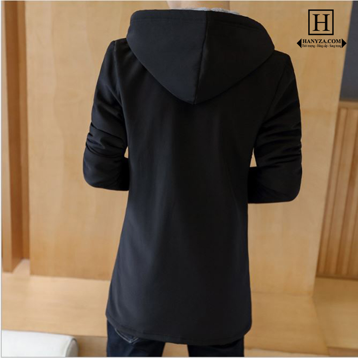 Áo khoác nam dáng dài lót nỉ cổ vest có mũ
