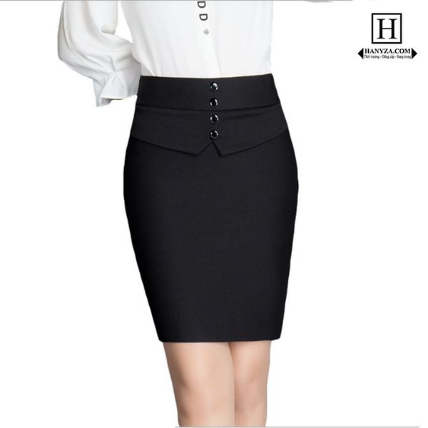 Chân váy nữ công sở eo cao phối cúc giả