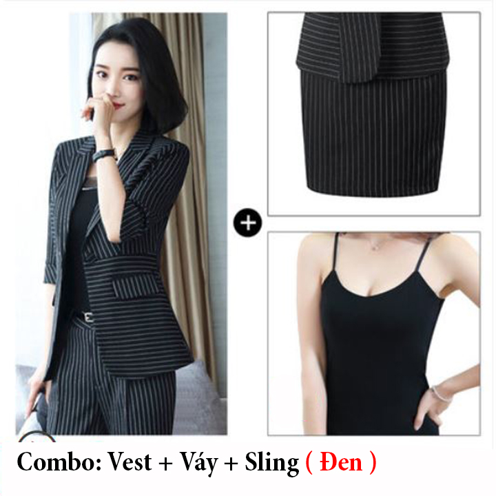Bộ Vest nữ 4 món tay lỡ kẻ sọc