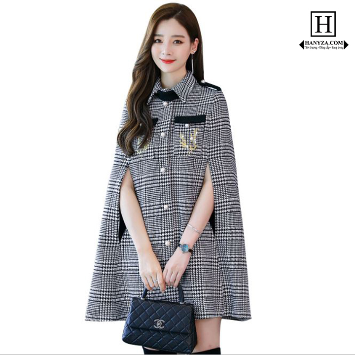 Áo choàng dạ nữ dáng rộng dấu tay