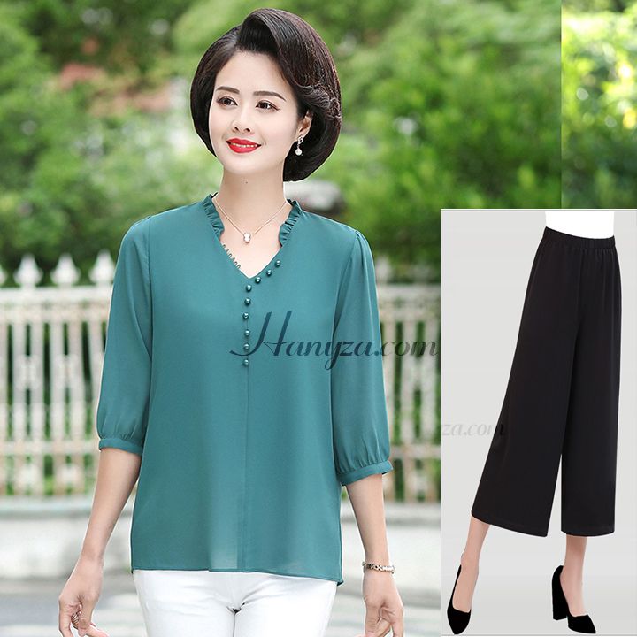 Bộ voan tay lỡ trung niên cổ chữ V