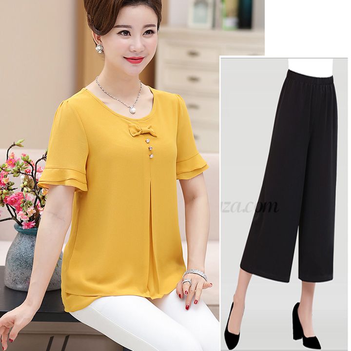 Bộ quần áo trung niên 2 tầng đính nơ