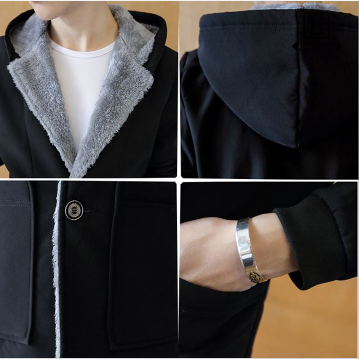 Áo khoác nam dáng dài lót nỉ cổ vest có mũ