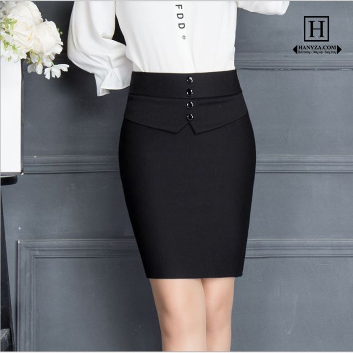 Chân váy nữ công sở eo cao phối cúc giả
