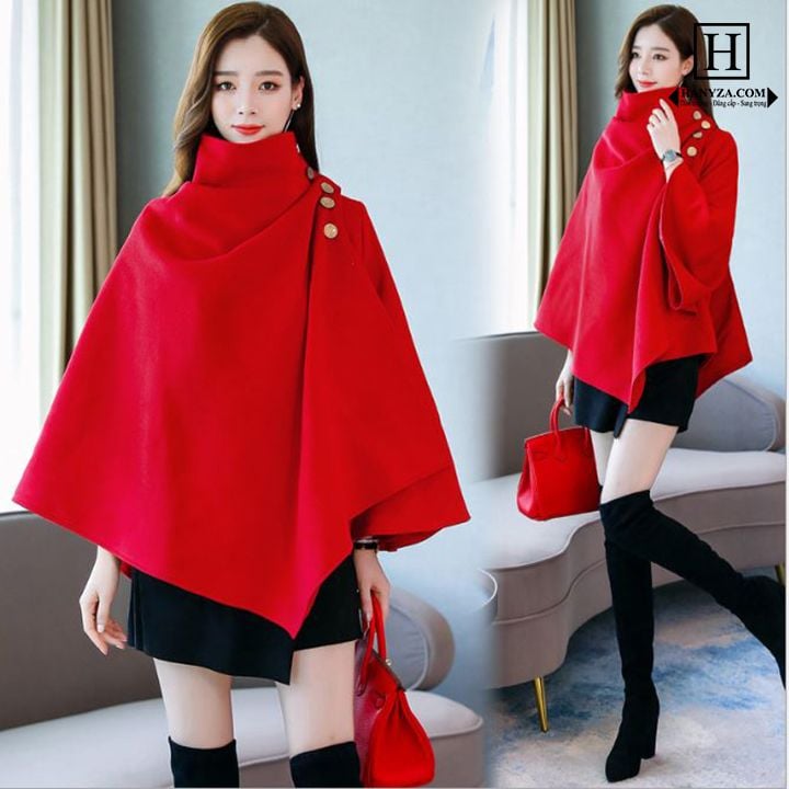 Áo Choàng Dạ Nữ Cao Cổ Mix Tay Cánh Dơi - Hanyza Store