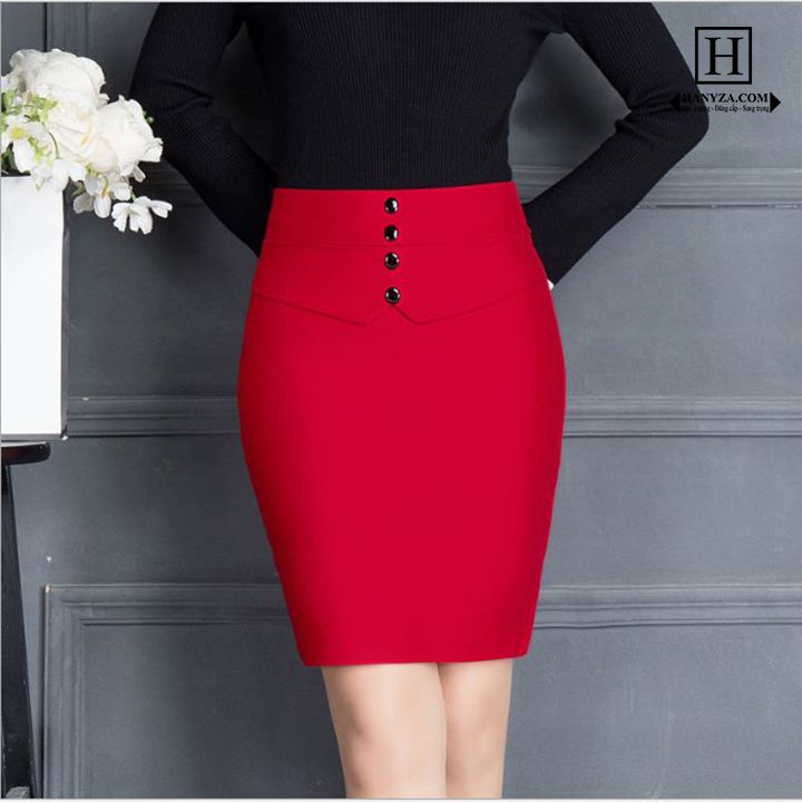 Chân váy nữ công sở eo cao phối cúc giả