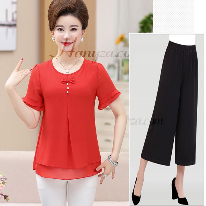 Bộ quần áo trung niên 2 tầng đính nơ