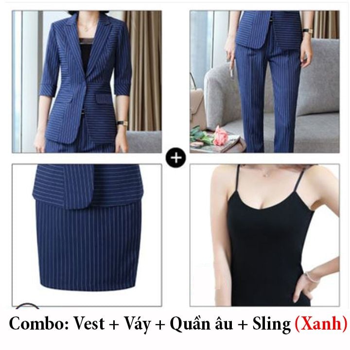 Bộ Vest nữ 4 món tay lỡ kẻ sọc