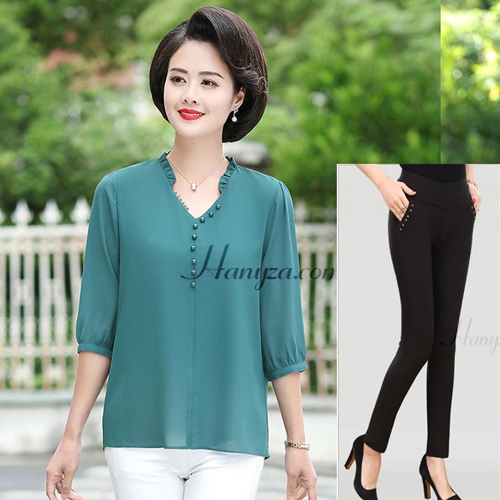 Bộ voan tay lỡ trung niên cổ chữ V