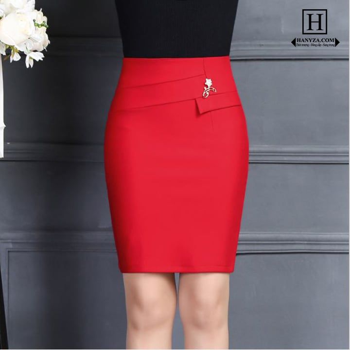 Váy nữ công sở phối túi giả cài hoa