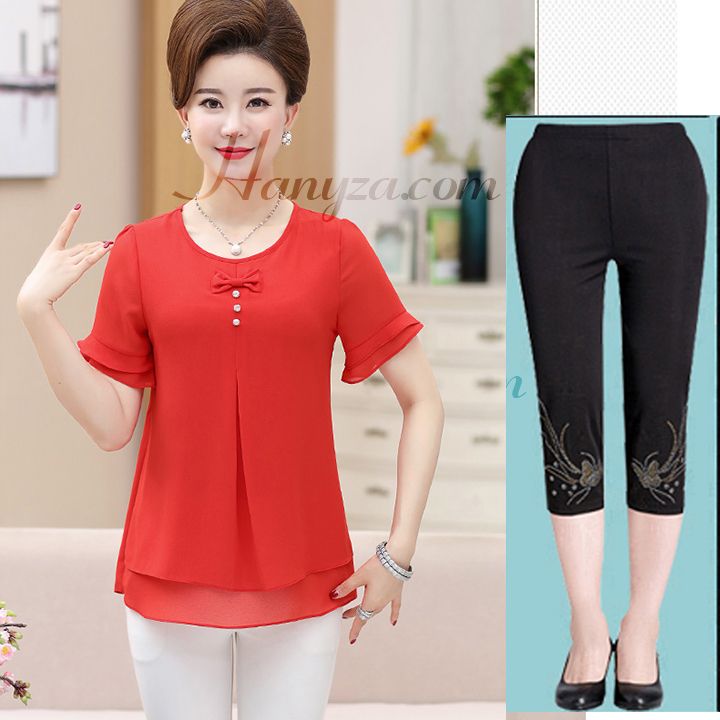 Bộ quần áo trung niên 2 tầng đính nơ