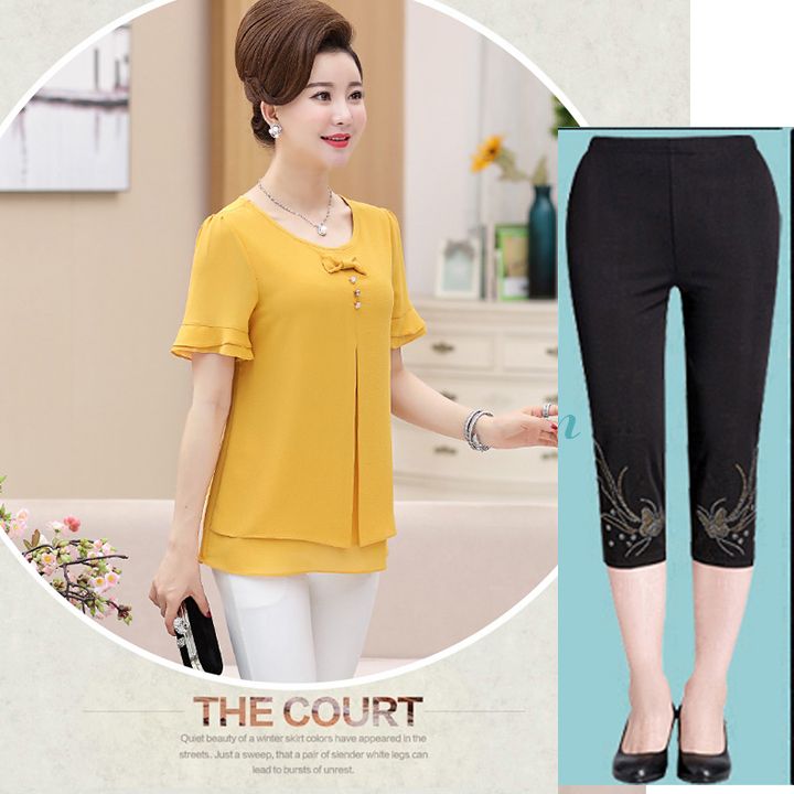 Bộ quần áo trung niên 2 tầng đính nơ