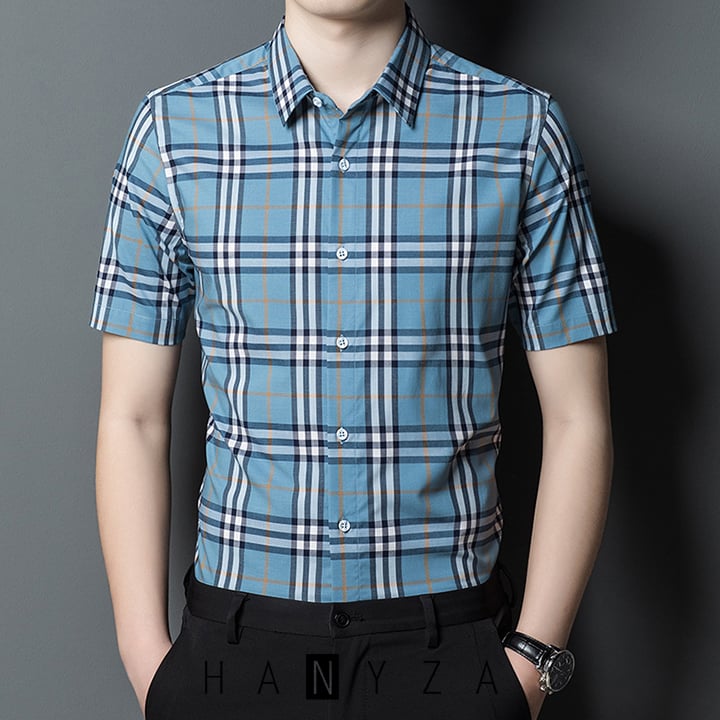 Áo sơ mi nam tay ngắn sọc caro đẹp màu xanh blue kẻ trắng đỏ Burberry