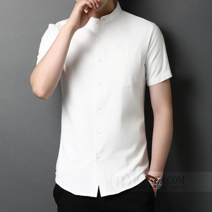 Áo sơ mi nam ngắn tay cổ tàu trẻ trung