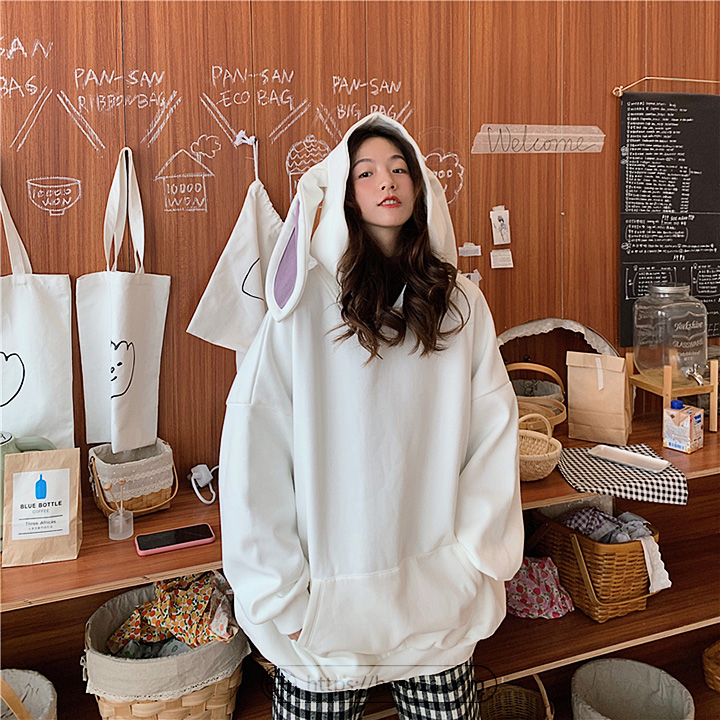 Áo khoác Hoodie mũ trùm tai thỏ form rộng